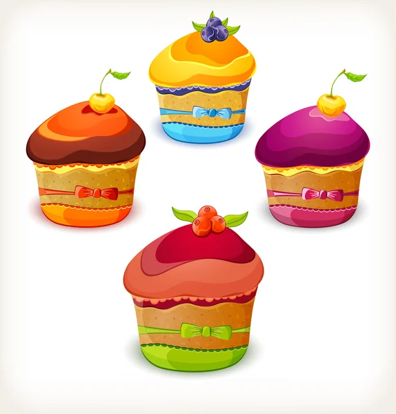 Uppsättning färgglada cupcake dekorerad med bär och rosett — Stock vektor