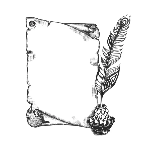 Бумажный свиток, перо и чернильница — стоковый вектор
