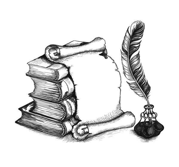 Paper scroll, feather and books