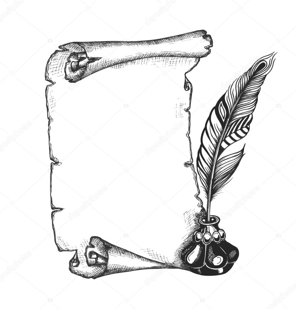 Paper scroll, feather and inkwell