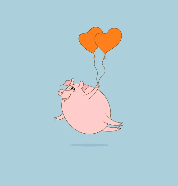 Літаюча свиня з повітряними кулями у формі серця — стоковий вектор