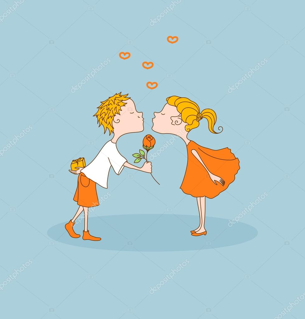 Boy kisses girl gives flower. Valentines day — Stock Vector © borsvelka