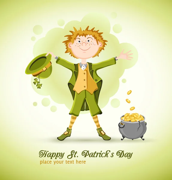 Ziua Sfântului Patrick. Leprechaun cu oală norocoasă — Vector de stoc