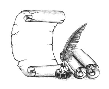 Writer set symbols: quill pen, scroll, inkwell clipart