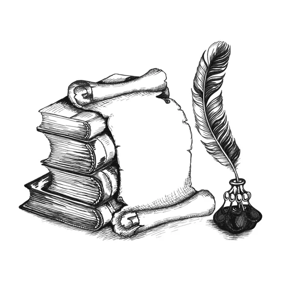 Academic and education set: books, scroll, pen — Stockový vektor