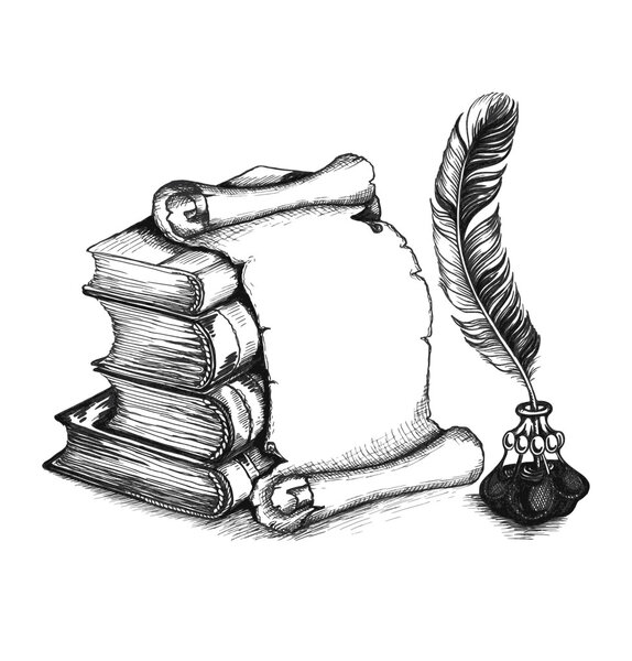 Academic and education set: books, scroll, pen