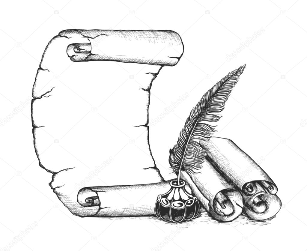 Writer set symbols: quill pen, scroll, inkwell