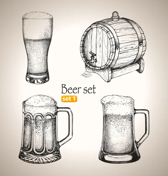 Set de cerveza Oktoberfest: jarras Toby y barril de cerveza — Archivo Imágenes Vectoriales