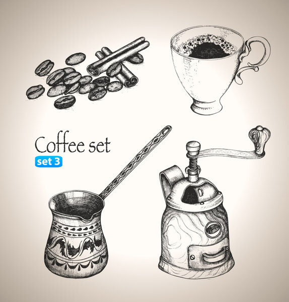 Coffee set: beans, cup, cezve and mill