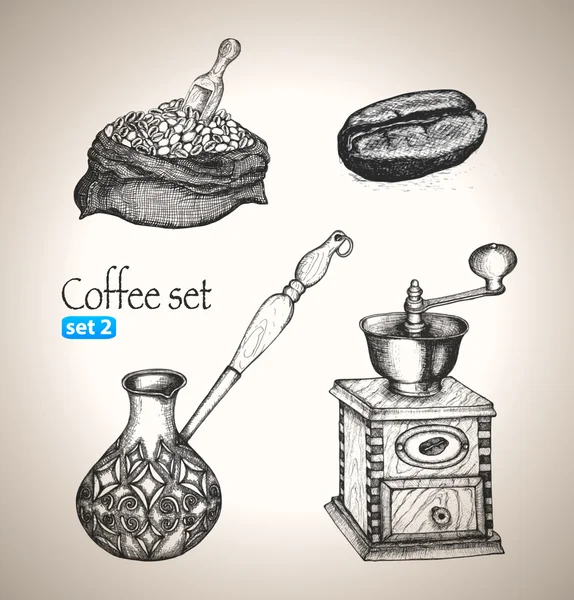 Set de café: frijol, bolsa, molino, cezve — Archivo Imágenes Vectoriales