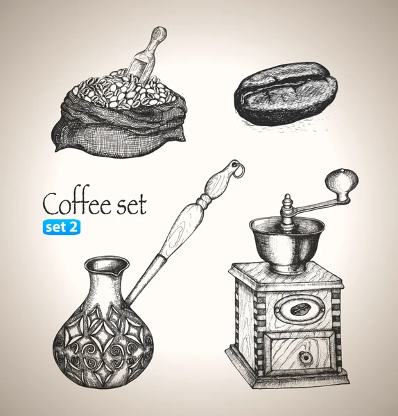 Kaffe set: bönor, väska, kvarn, cezve — Stock vektor