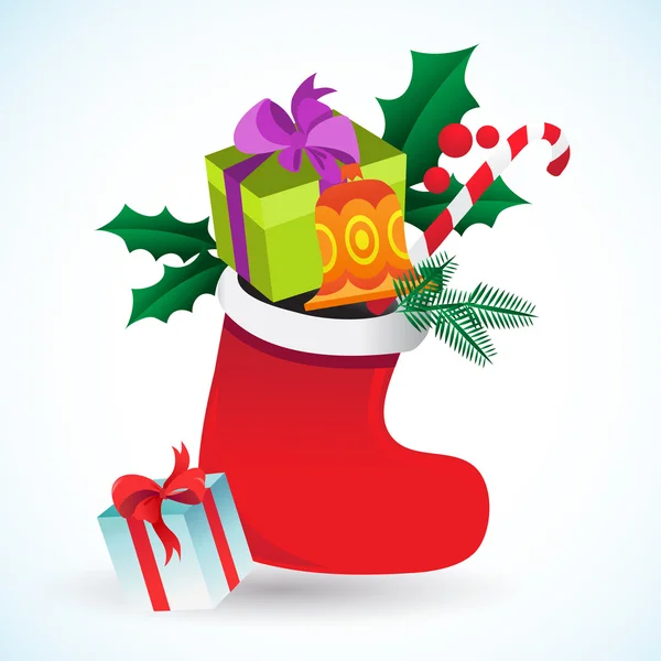 Jul bakgrund med strumpa och gåvor — Stock vektor