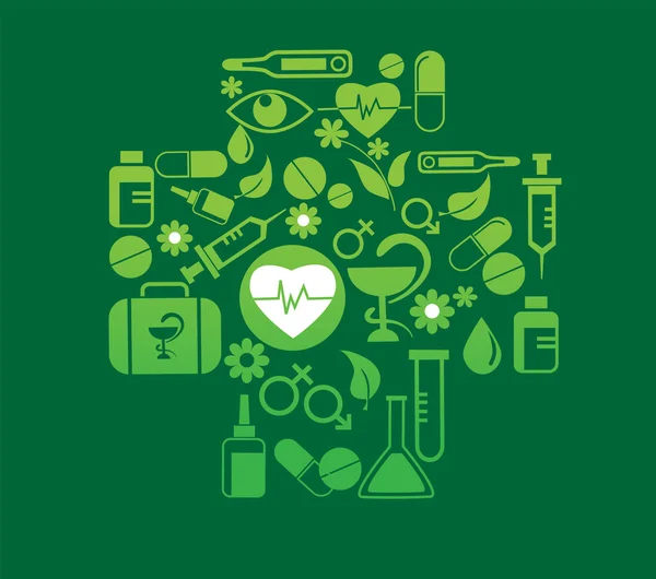 Cruz médica con conjunto de iconos de salud — Vector de stock