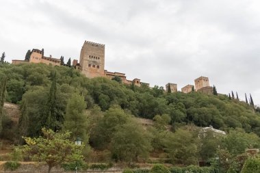 Alhambra Granada İspanya - 09 14 2021: Paseo de los Tristes 'ten (Üzüntünün Yürüyüşü), Granada, İspanya' nın çevresindeki klasik bina ve ormanlara bakın.