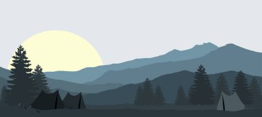 Sibirya 'da gün doğumu Taiga Alaska, manzara çizimi. 