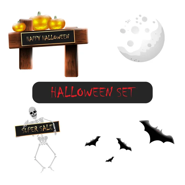 Halloween Set Finstere Kürbisse Mit Schild Mond Fledermäuse Und Ein — Stockvektor