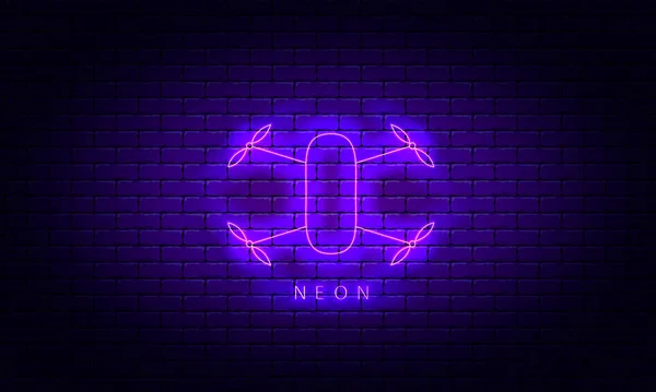 Neon Quadcopter Ikon Tegelvägg Bakgrund Vektor Illustration — Stock vektor