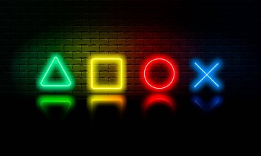 Neon gaming, glowing console icons on a brick wall background, vector illustration clipart