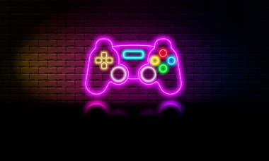 Neon oyunu joystick simgesi, tuğla duvar arka planında parlayan joystick, vektör illüstrasyonu