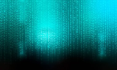 Mavi ışıkta parlayan matris, siber saldırı için harf kodu, hack konsepti, vektör illüstrasyonu