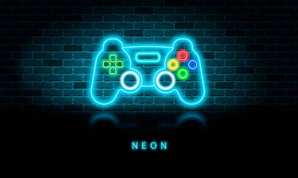 Neon Spel Joystick Pictogram Met Reflectie Een Bakstenen Muur Achtergrond — Stockvector