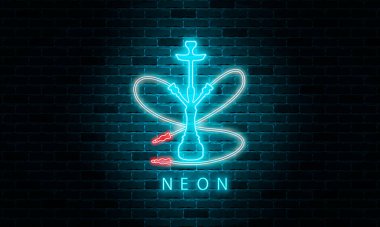 Neon nargile ikonu, tuğla duvarda gece nargilesi işareti, vektör illüstrasyonu