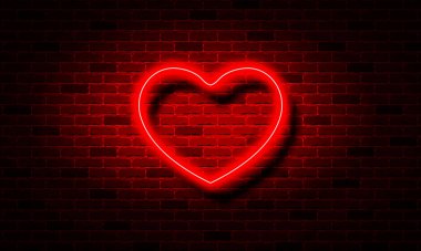 Neon kırmızı kalp, parlak kalp tuğla duvar arkasında gölge, vektör illüstrasyon
