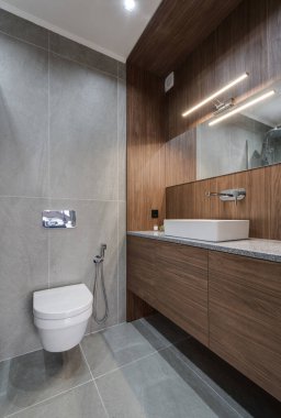 Gri modern tuvalet ahşap mobilyalar ve beyaz tuvalet