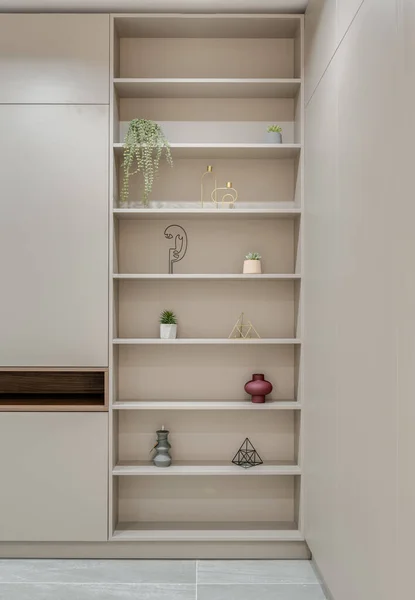Dolaplar ve raflar modern bir şekilde dekore edilmiş.