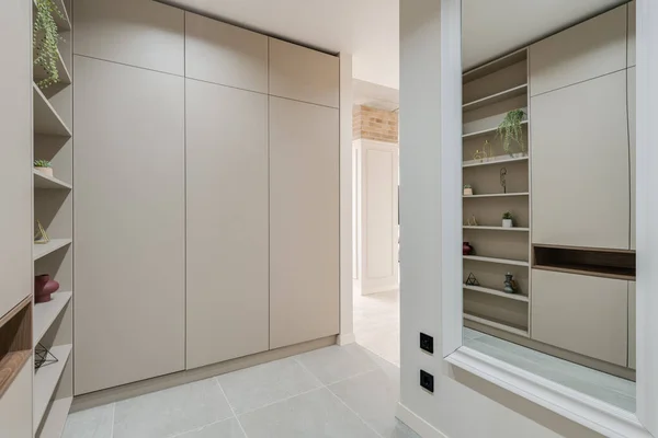 wardrobe and shelves with decor in the room in a modern style