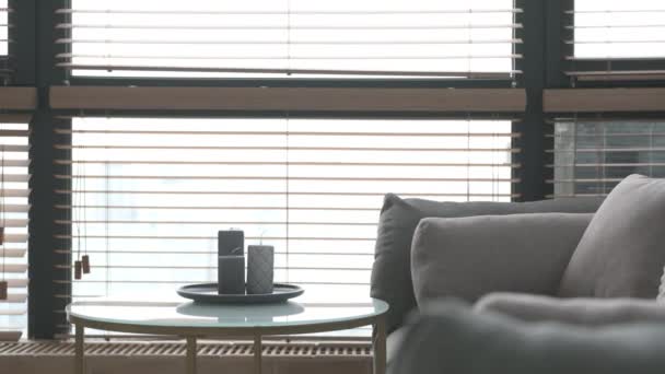 Smooth movement in scandinavian style interior along the window from the gray sofa and coffee table — Stock Video