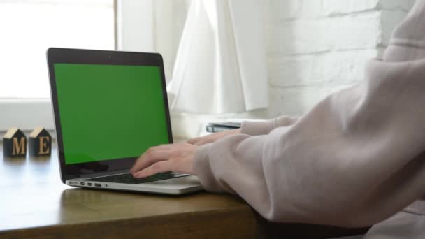 緑の画面でラップトップに入力する女性の手のクローズアップ — ストック動画