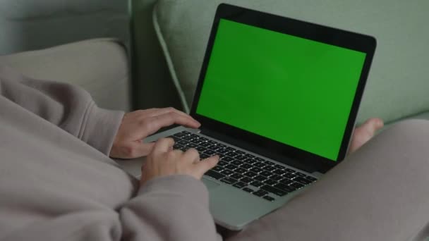 Primo piano sulle mani di battitura di una giovane ragazza e un computer portatile con uno schermo verde — Video Stock