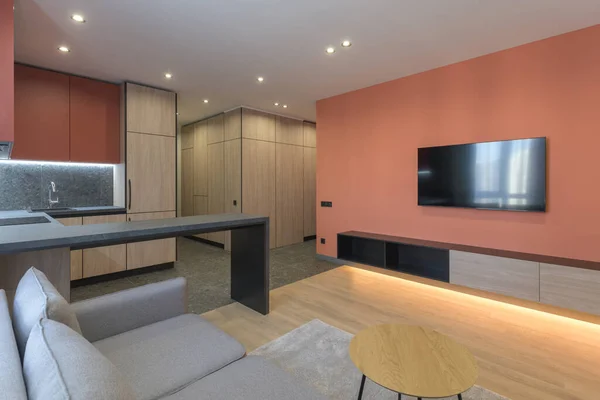 Modern design av en bostadslägenhet med Marsala-färgade väggar, en grå soffa och ett träkök — Stockfoto