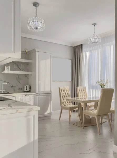 Sunny bright kitchen in classic style in light colors with marble and table - Stock-foto