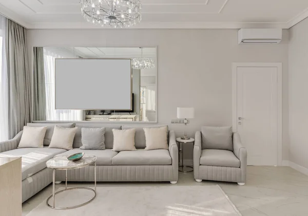 Large grey sofa sofa with armchair in the room with mirrors in gray color in classic style — Stok Foto