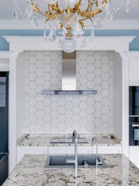 Mavi duvarları ve mermer masası olan modern, parlak bir mutfak. Yüksek kalite fotoğraf