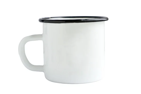 白のブランクエナメルマグカップモックアップは白の背景に隔離されています ブランディングのためのブランクカップ 高解像度写真 — ストック写真