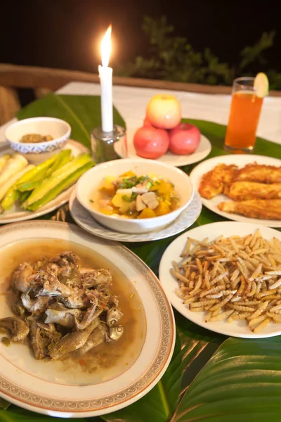 Akha Tribe Cuisine Set Fish Soup Fried Bamboo Worms Deep — Stock Photo, Image