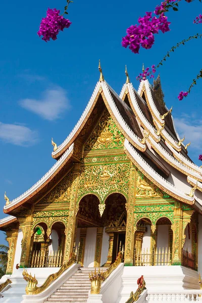 Luang Prabang Királyi Palota Múzeum Festői Külseje Előtérben Virágzó Bougainvillea — Stock Fotó