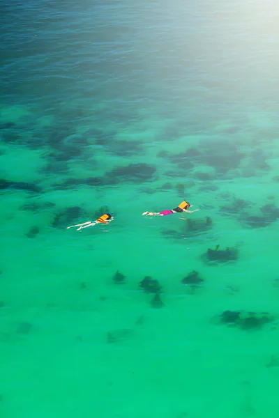 Vista Aérea Grupo Turistas Máscaras Snorkeling Mergulho Subaquático Algas Verdes — Fotografia de Stock