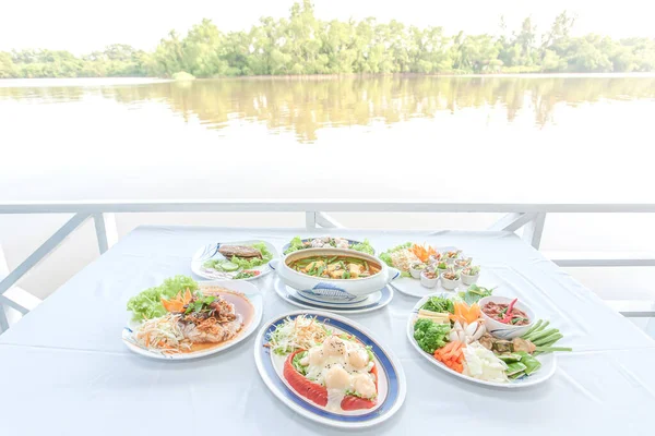 Asian Cuisine Set Thai Fish Organs Sour Soup Fried Shrimp — Stock Photo, Image