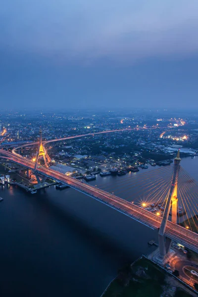 High Angle View Suspension Bridges Highway Interchange Chao Phraya River — Foto de Stock