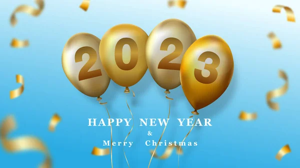 On golden balloons number 2023 happy new year and merry christmas — Stock Vector