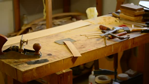 Carpintero trabajando con una cepilladora de madera . — Vídeos de Stock