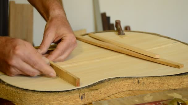 Luthier fabricando una guitarra clásica — Vídeo de stock