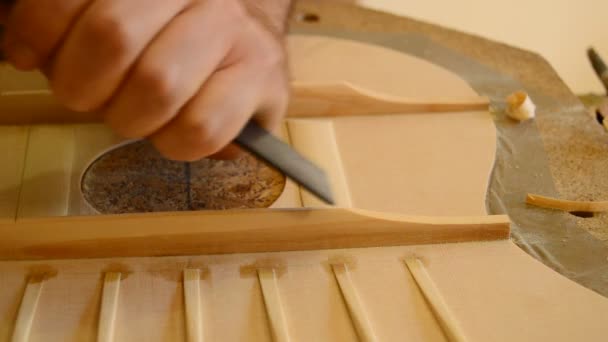 Luthier working in a guitar harmonic cover — Stock Video