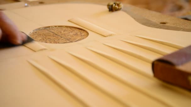 Luthier working in a guitar harmonic cover — Stock Video