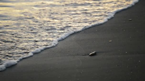 Playa de arena con una piedra al atardecer y olas del mar — Vídeos de Stock