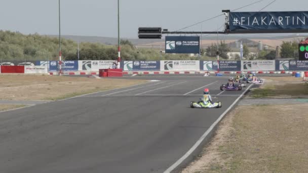 Karts Auto Passeren Finish Van Een Karting Race — Stockvideo